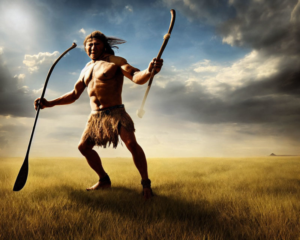Indigenous person in traditional attire with bow on grassy plain under dramatic sky