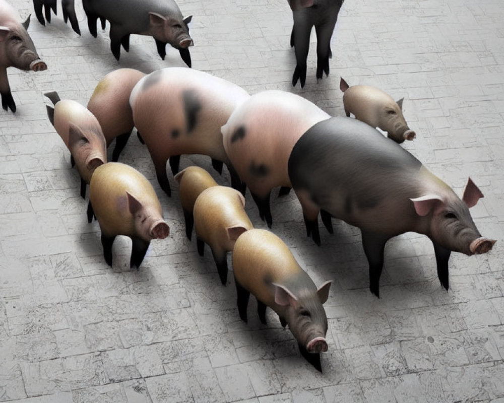 Realistic 3D pigs in various sizes and shades on tiled floor
