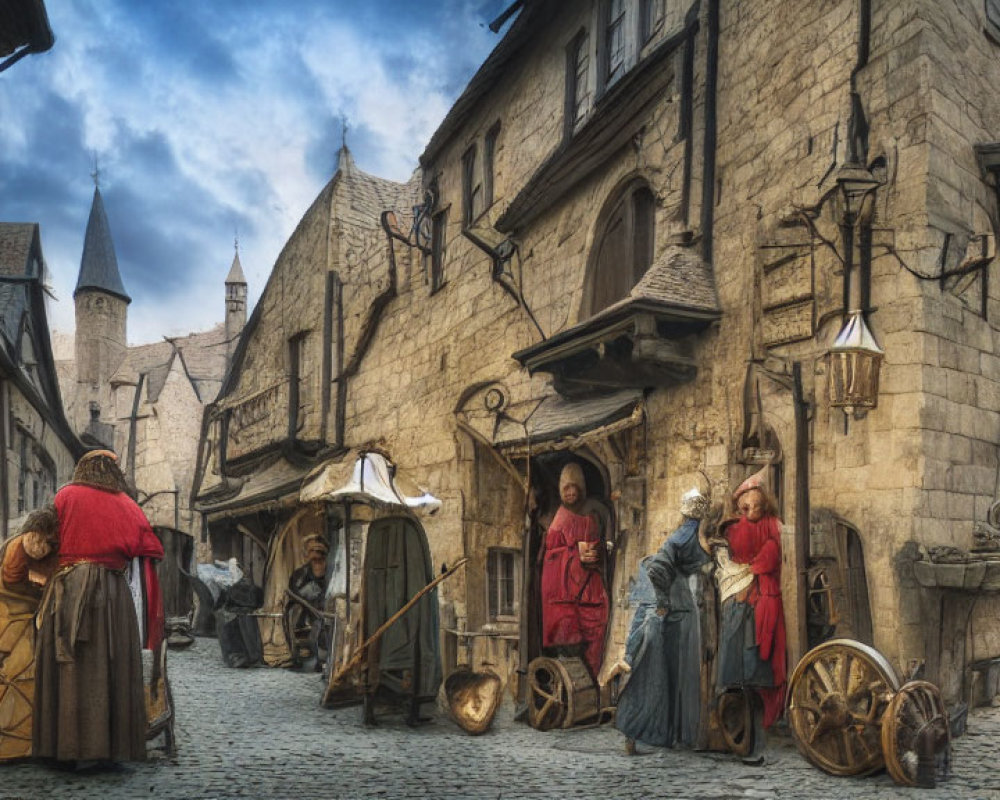 Medieval street scene with period clothing, carts, and cobblestone roads