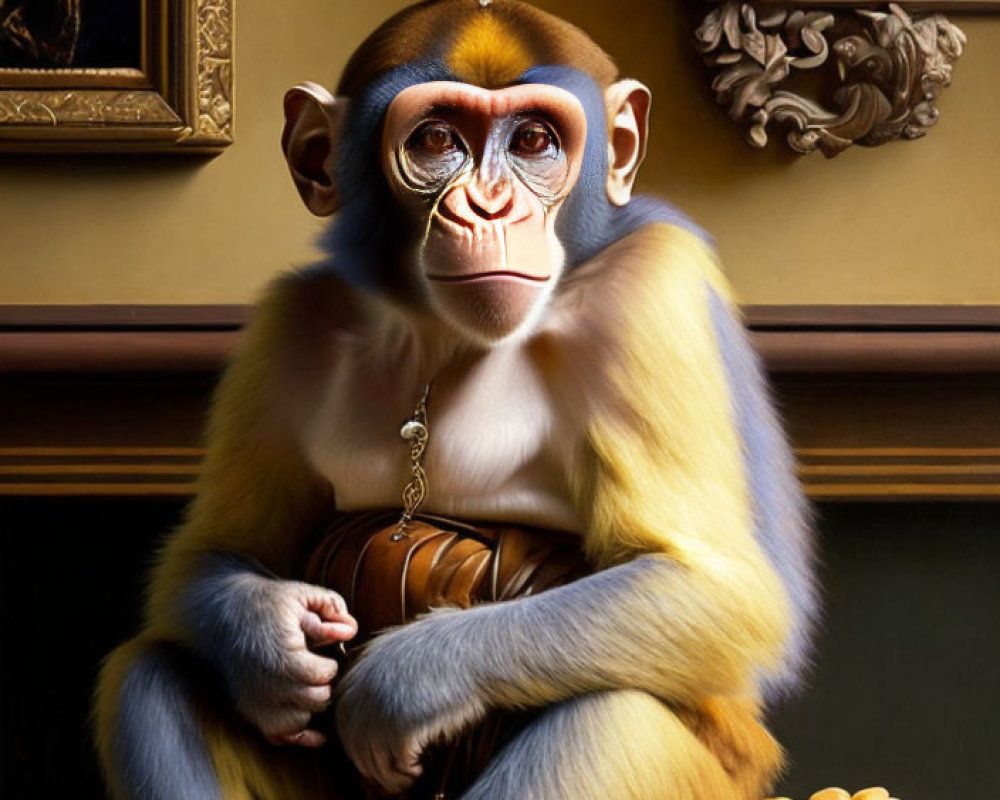 Realistic monkey in royal attire with fruits bowl