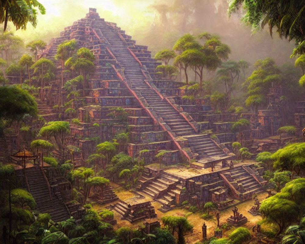 Ancient pyramid in lush jungle with sunlight filtering through canopy