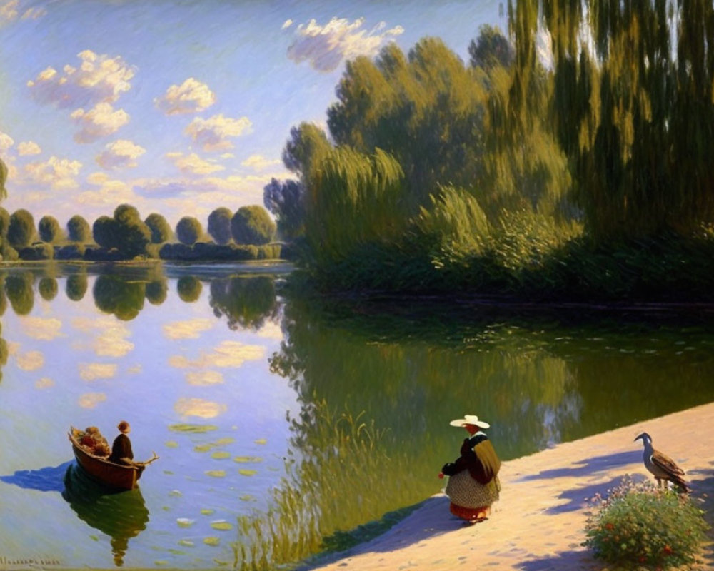 Tranquil river landscape with person, boat, trees, and bird