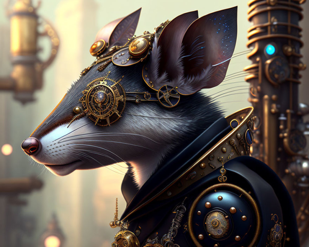 Steampunk-style anthropomorphic fox with intricate mechanical details and celestial motif.