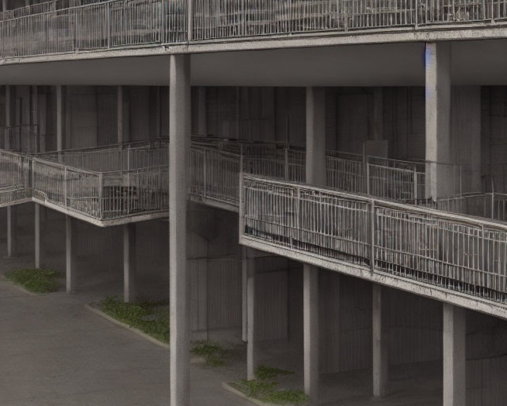 Concrete building with balconies and metal railings supported by columns