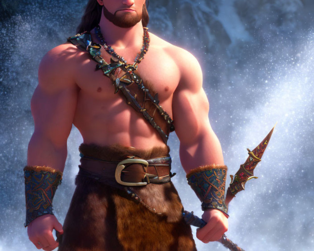 Muscular male character with long hair in snowy landscape with spiked weapon