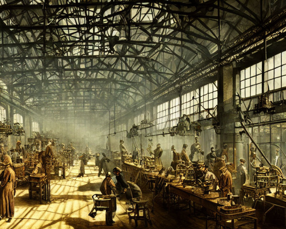 Industrial age factory interior with large windows, high ceilings, and workers operating machines.