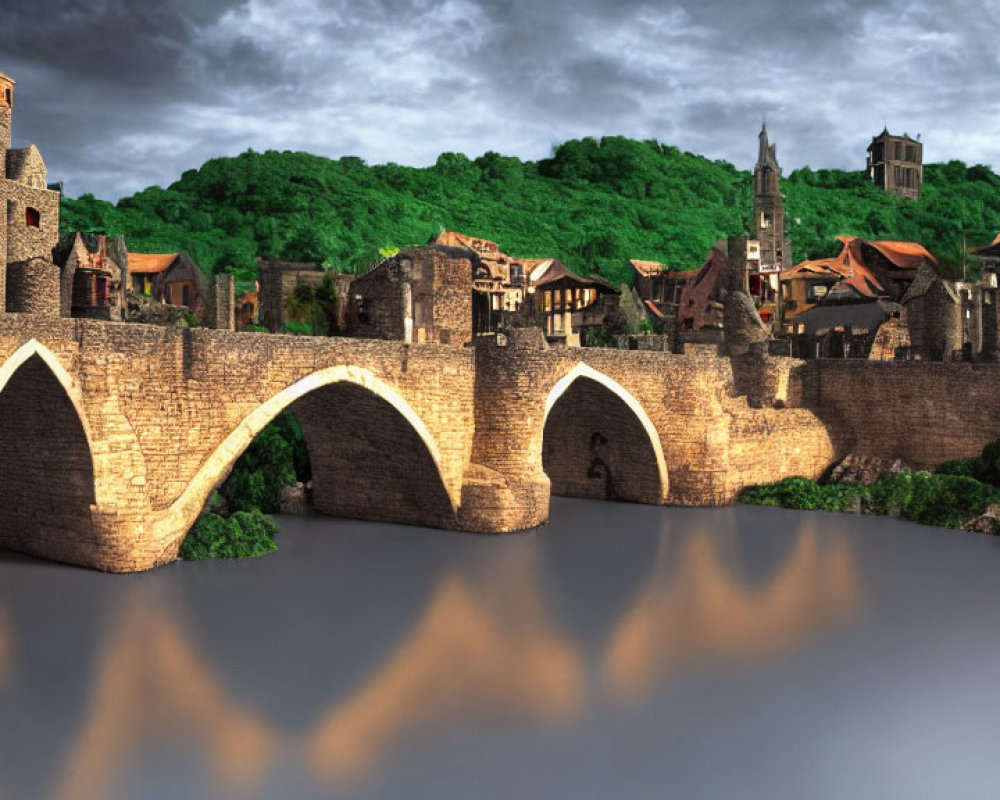 Medieval town with stone buildings, arched bridge, river, green hills, cloudy sky