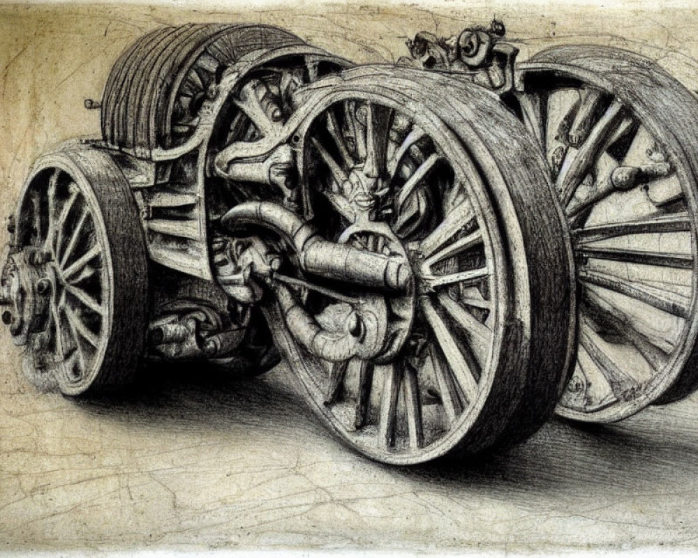 Detailed Sketch of Classical Cannon Carriage with Wooden Wheels and Robust Axel