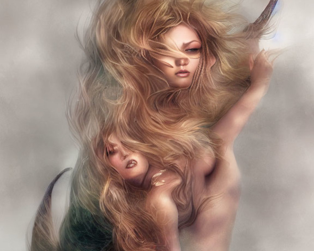 Digital artwork of two ethereal women embracing in misty backdrop