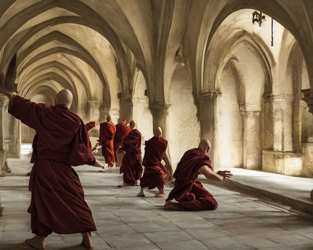 Maroon-robed monks walking in ancient sunlit corridor