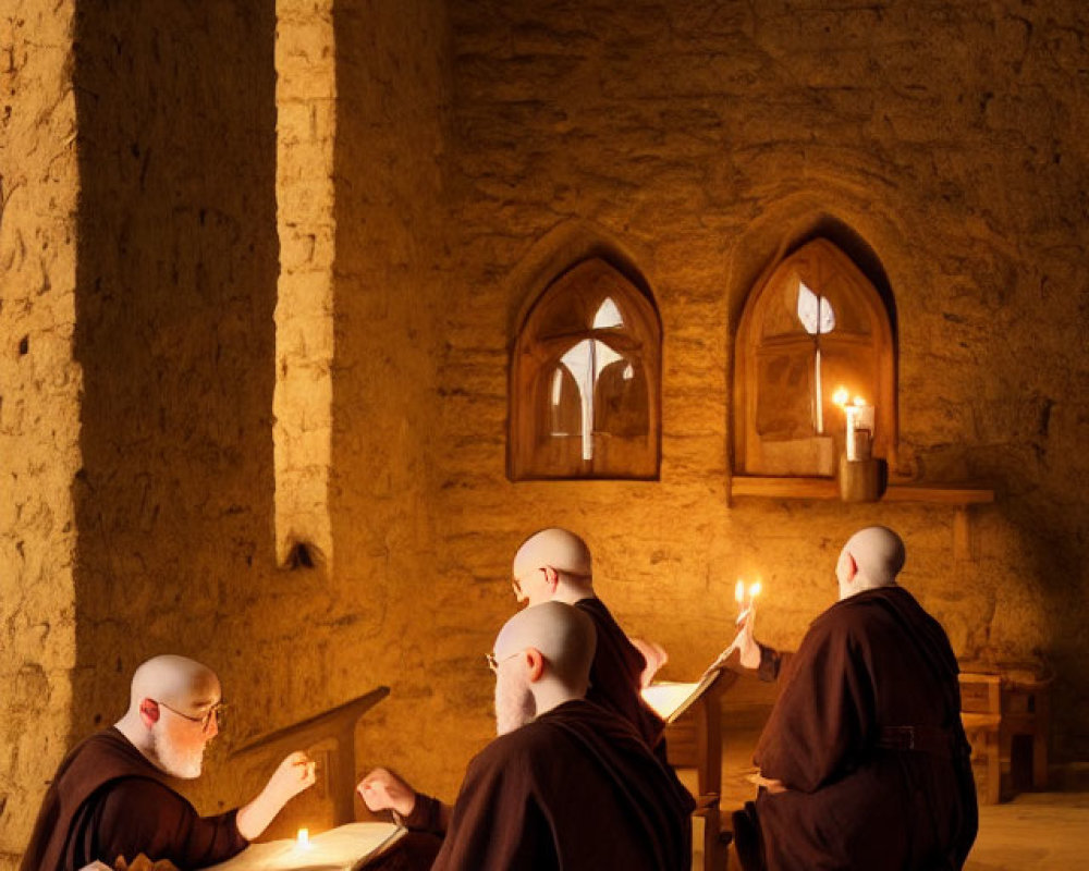 Brown-robed monks reading and writing by candlelight in stone room