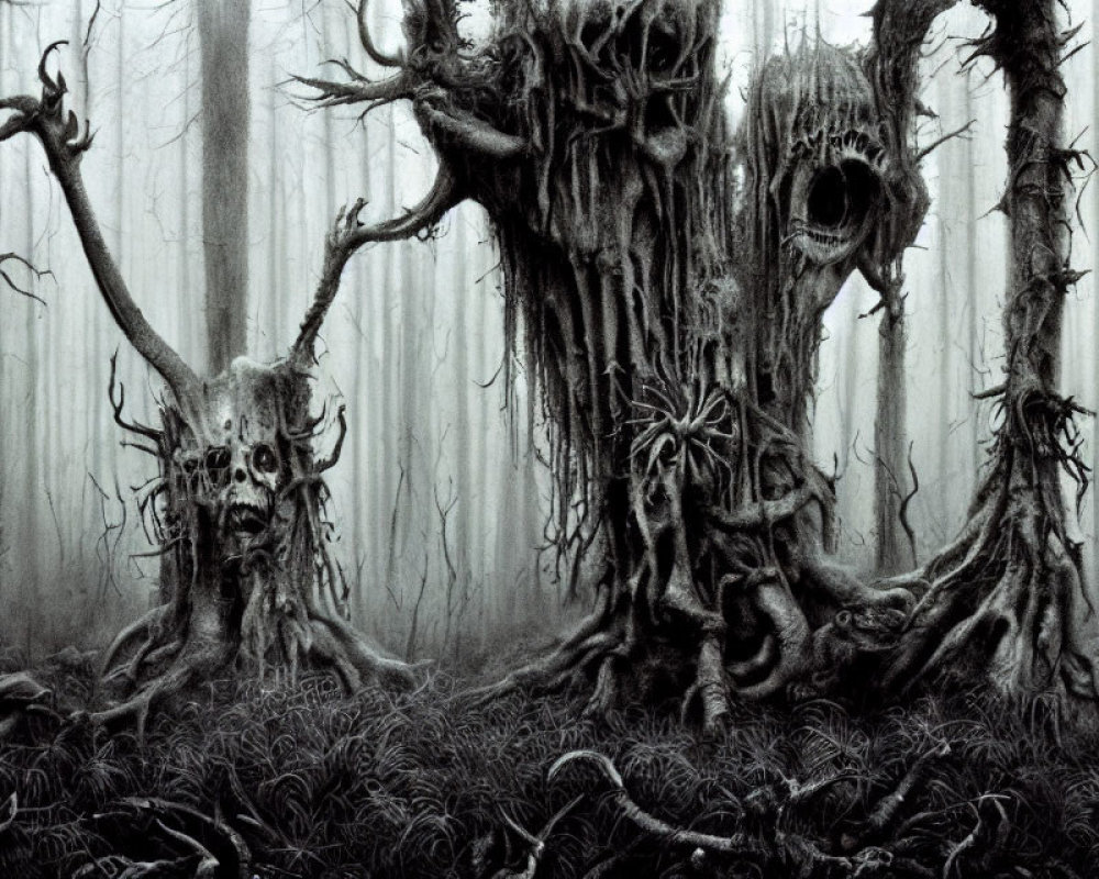 Monochrome drawing of eerie forest with twisted, anthropomorphic trees