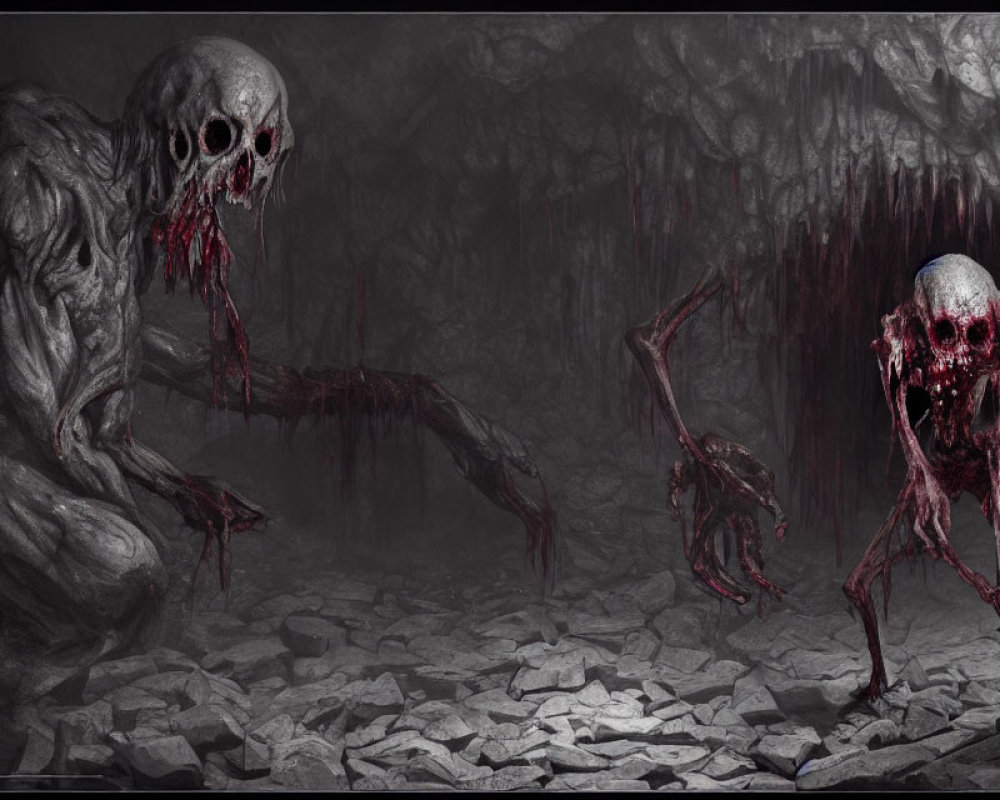 Elongated-limbed skeletal creatures in dark cavernous setting