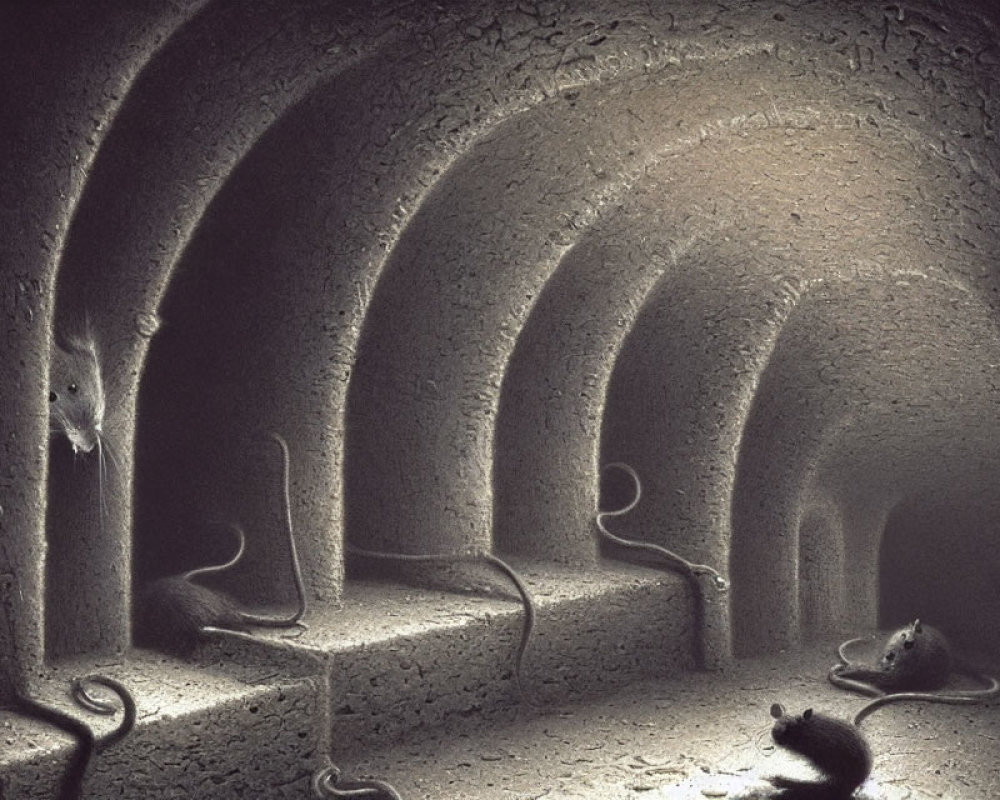 Surreal subterranean scene with arched tunnels and mice in unique positions