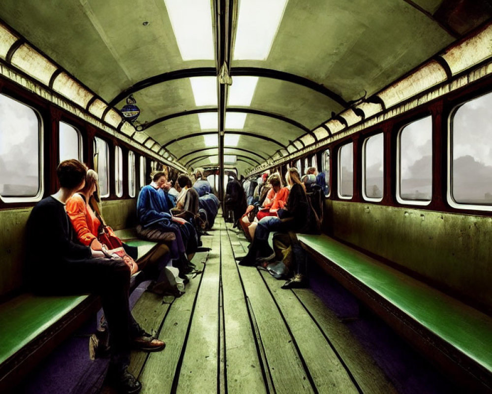 Vintage train carriage interior with passengers on benches and large windows
