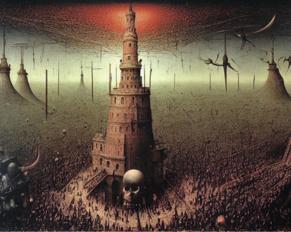 Surrealist painting of massive tower, crowd, flying machines, and ominous sky