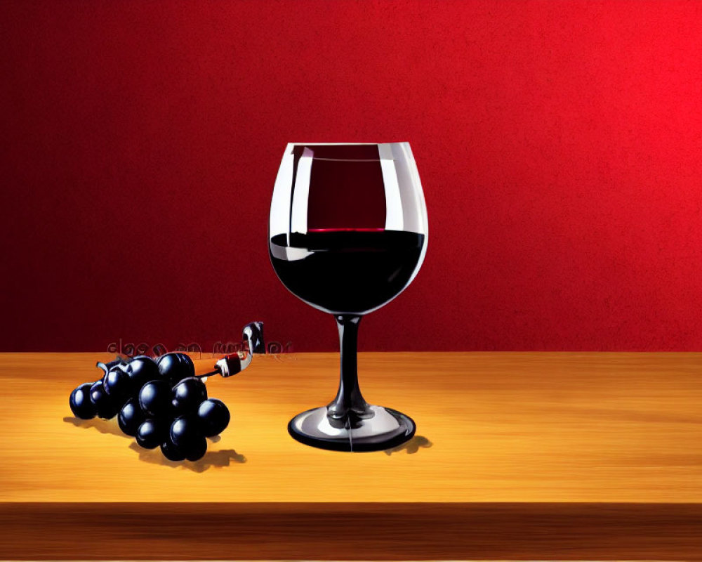 Glass of Red Wine with Grapes on Wooden Table Against Red Background