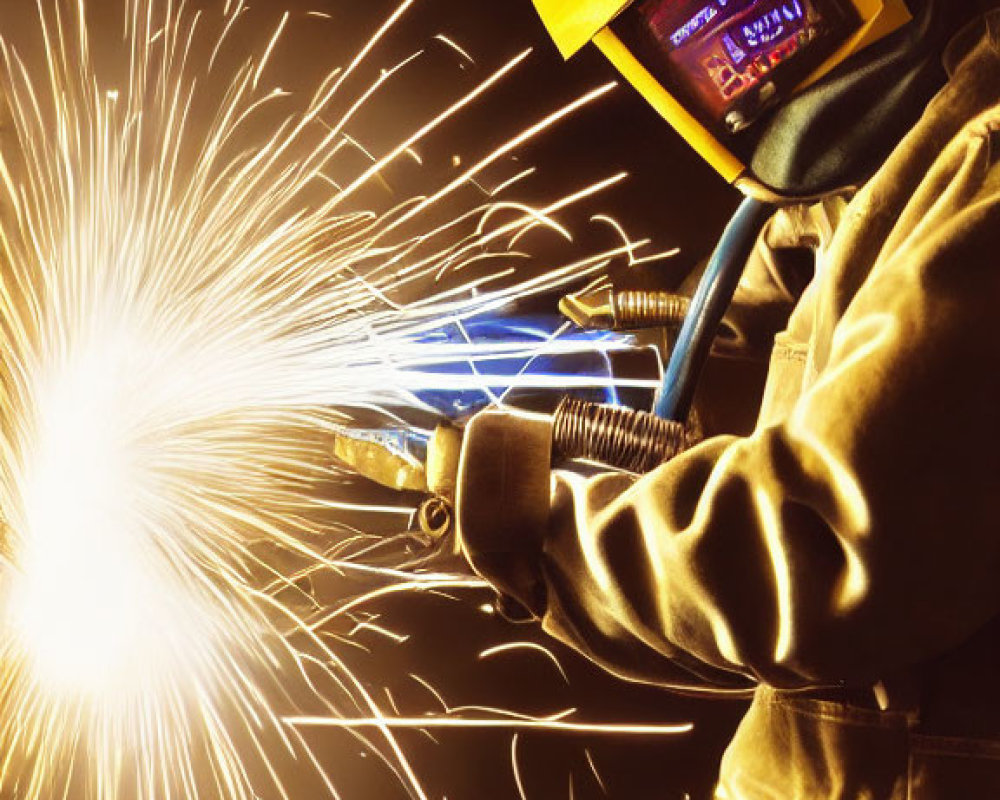 Welder in protective gear with helmet and gloves working with bright sparks
