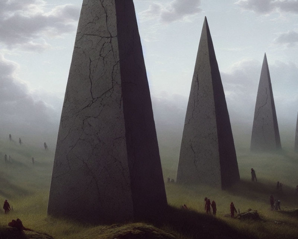 Mystical landscape featuring towering dark monoliths in foggy field