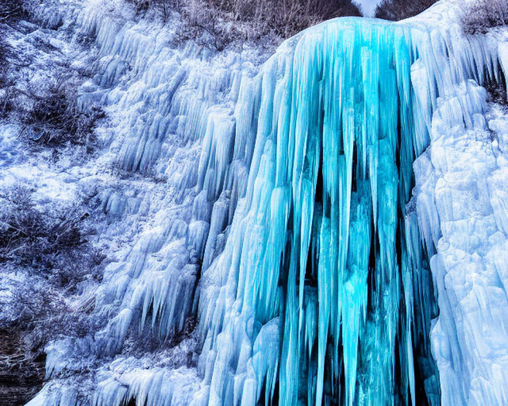 Frozen Waterfall: Vibrant Blue Ice Against Snowy Landscape