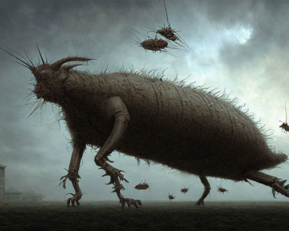 Surreal image of oversized, hairy creature with goat-like horns in desolate landscape