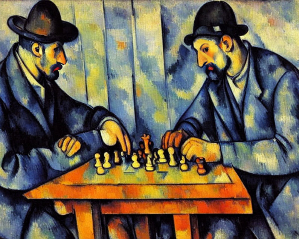 Stylized Cubist chess players in blues and greens