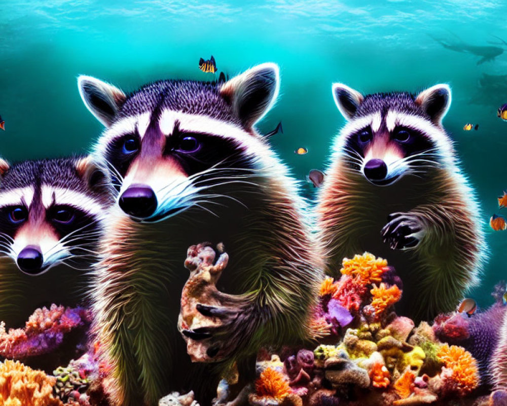 Four curious raccoons in vibrant underwater scene with coral and fish.