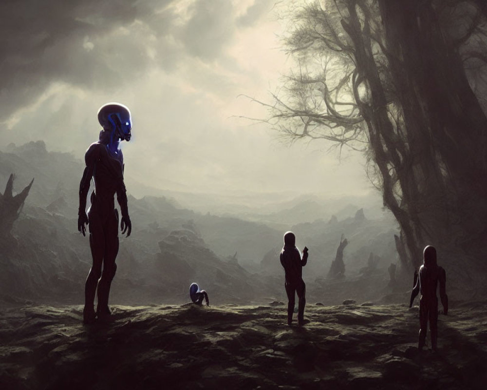 Luminous-headed alien beings in desolate rocky landscape