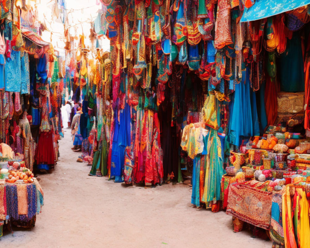 Colorful Textiles and Traditional Wares in Vibrant Market Alley