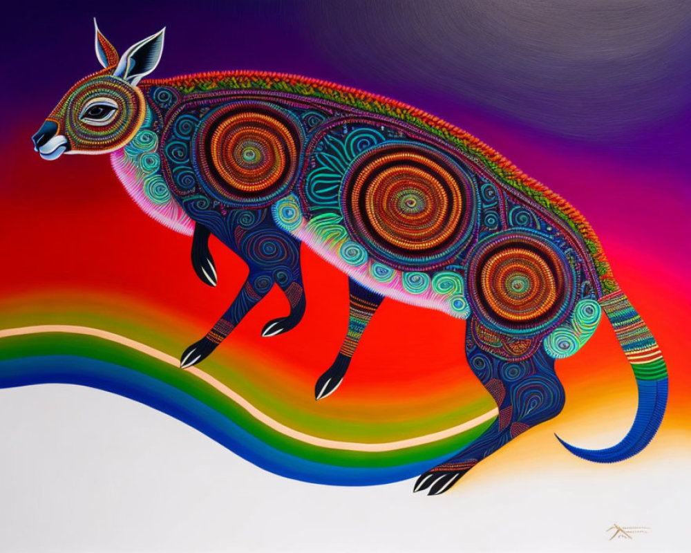 Colorful Kangaroo Painting with Circular Patterns Leaping Over Rainbow