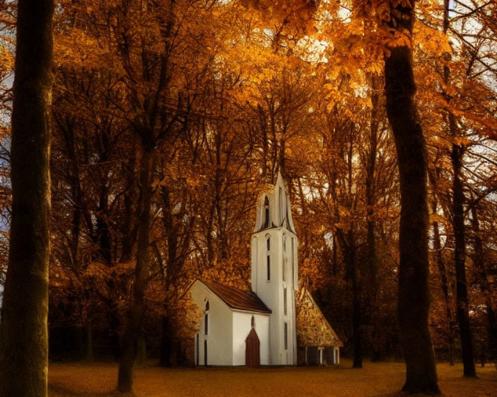 White Church with Pointed Steeple Among Autumn Trees in Sunlight