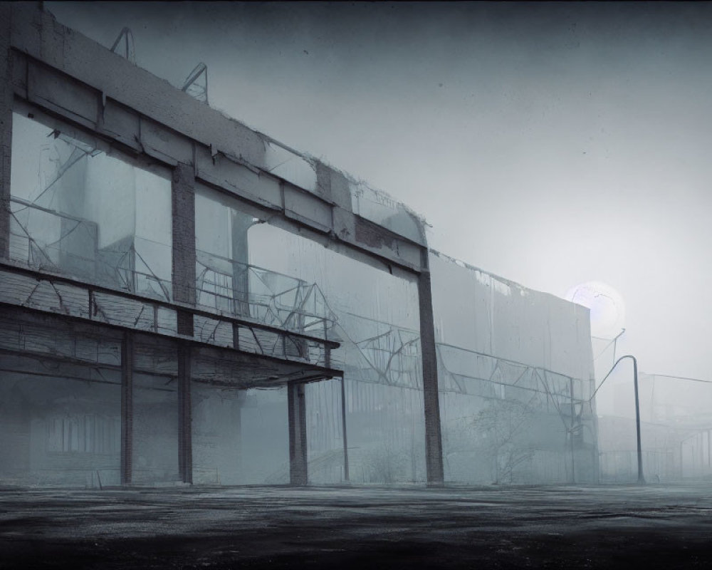 Desolate urban landscape with dilapidated structures under hazy sky