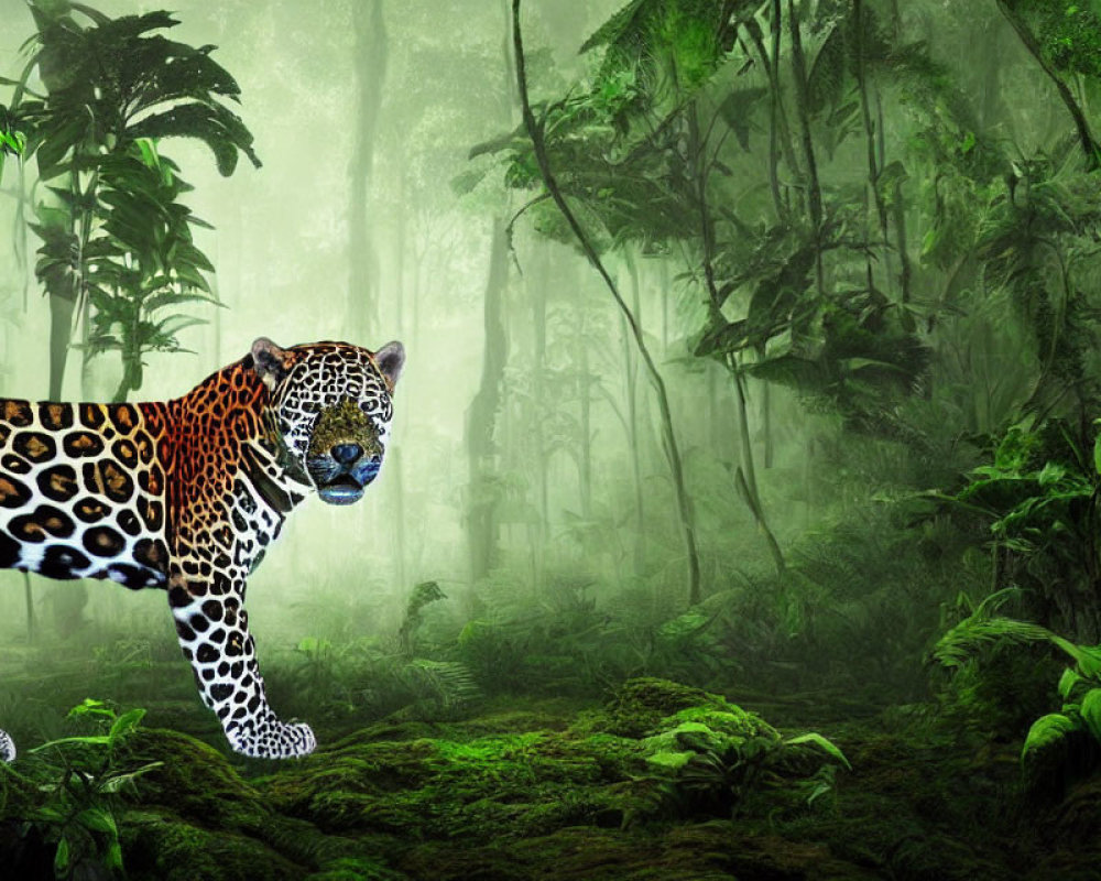 Jaguar in Dense Green Jungle with Sunlight Filtering