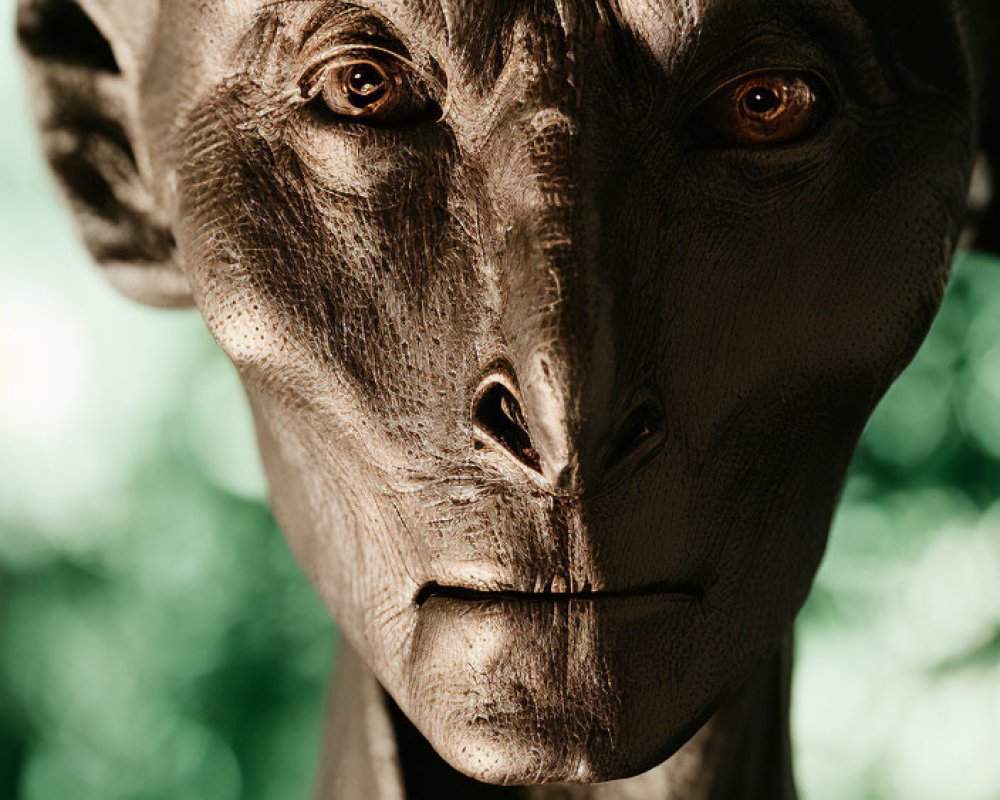 Bronze-like humanoid figure with deep set eyes on green background
