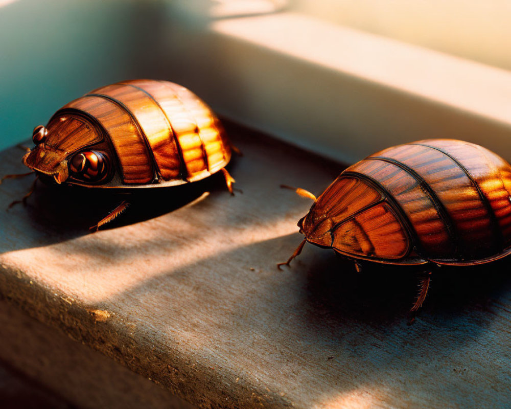 Glossy Brown Beetles on Sunlit Surface with Shadows