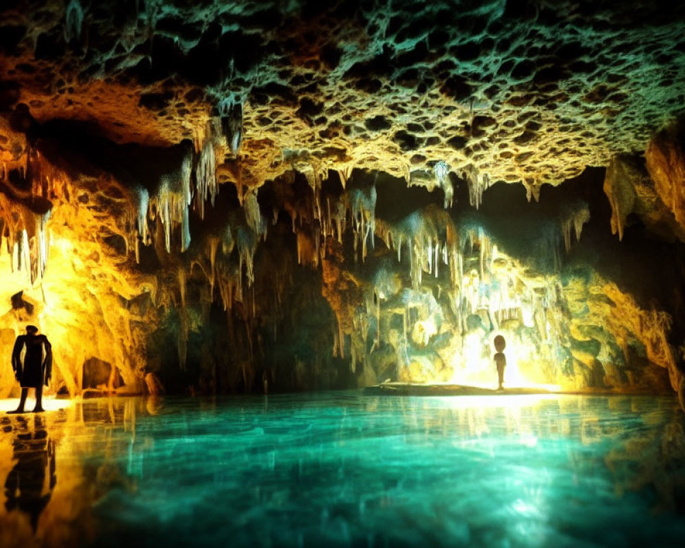 Underground cave with stalactites and tranquil water reflection