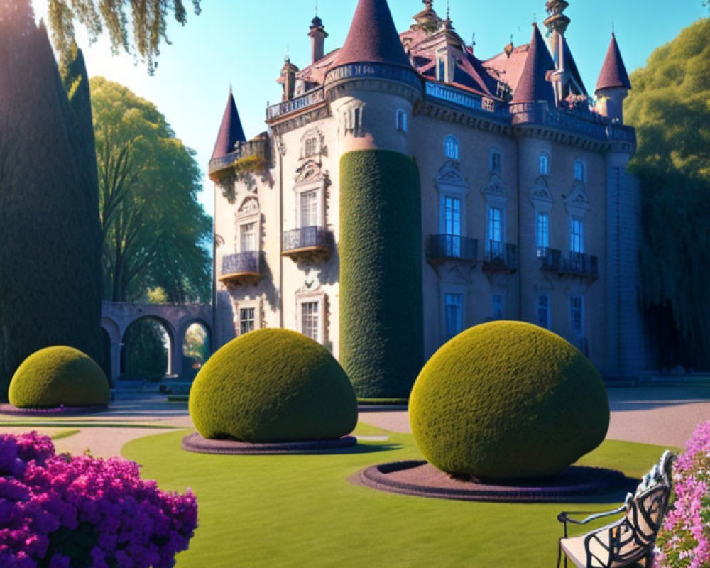 Majestic castle with pointed towers in a manicured garden