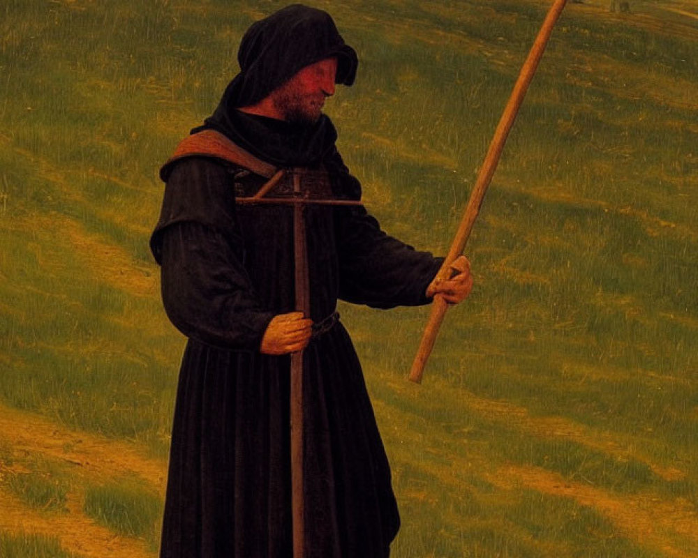 Medieval monk in black robes holding wooden crucifix in green field