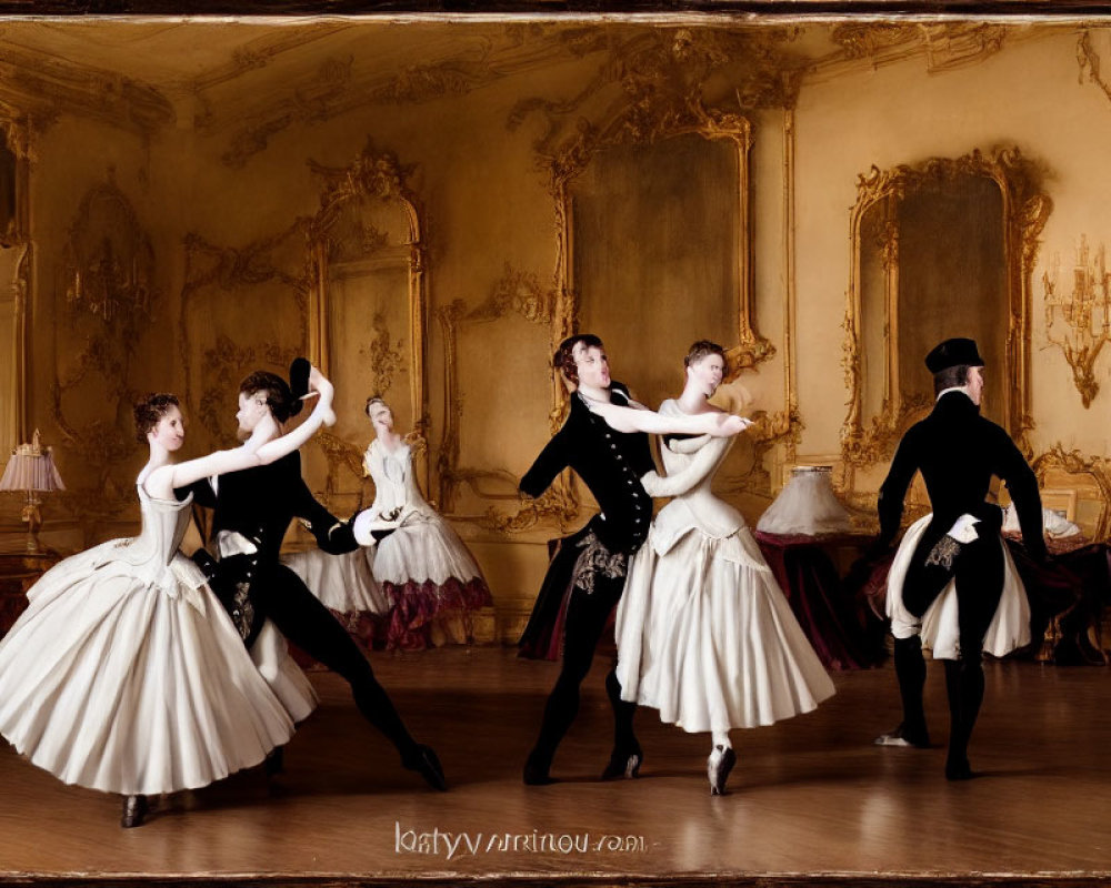 Historical dancers in formal attire perform in ornate ballroom