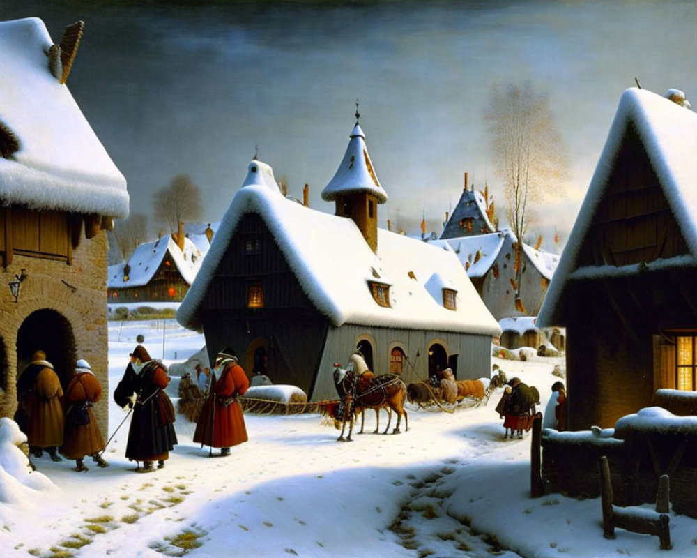 Traditional winter village painting with thatched-roof houses and villagers in period clothing.