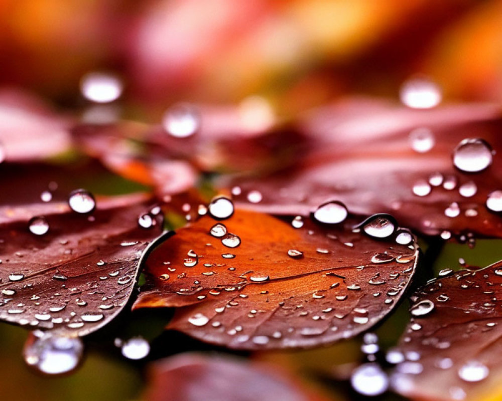 Shiny Water Droplets on Reddish-Brown Autumn Leaves