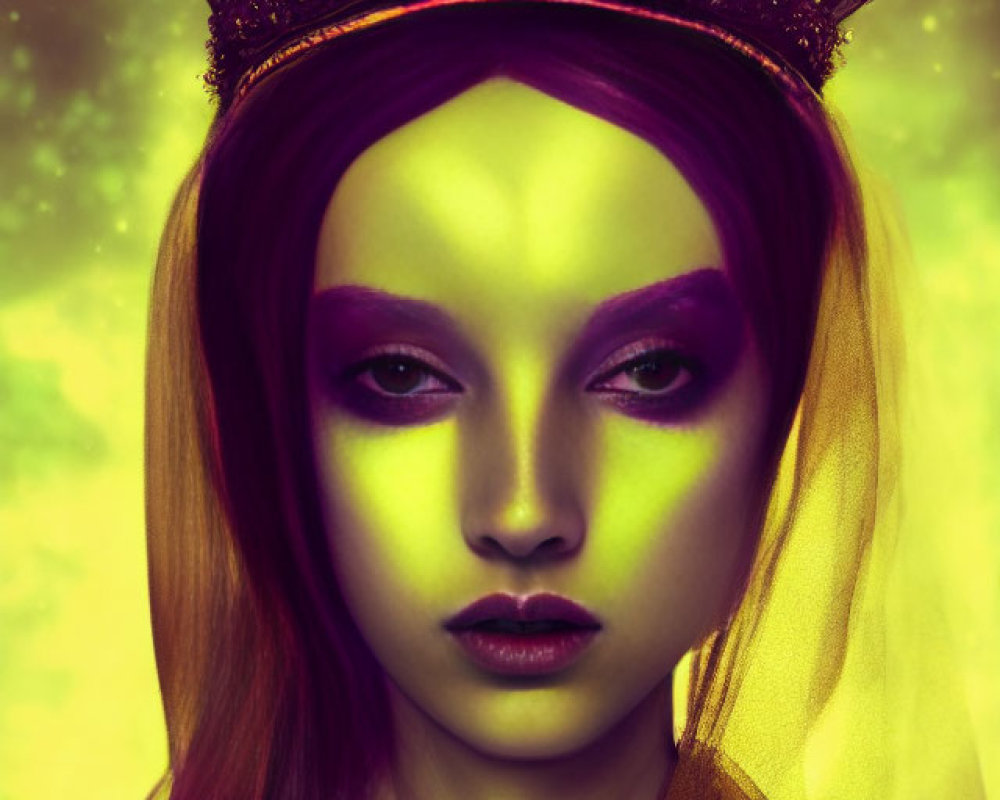 Portrait of person with golden crown, purple hair, yellow veil, vibrant makeup on mystical green and yellow