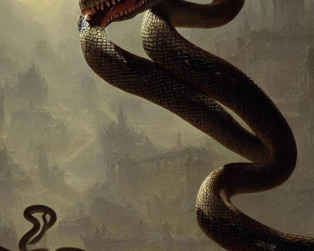 Gothic landscape with colossal snake and ancient city eclipse