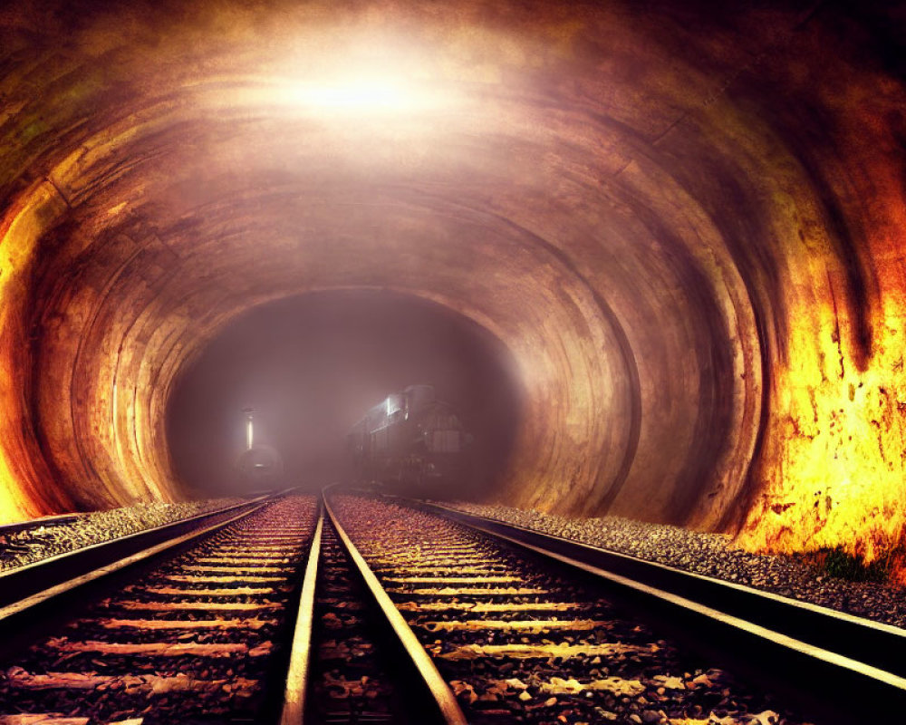 Glowing circular tunnel with train emerging and railroad tracks.