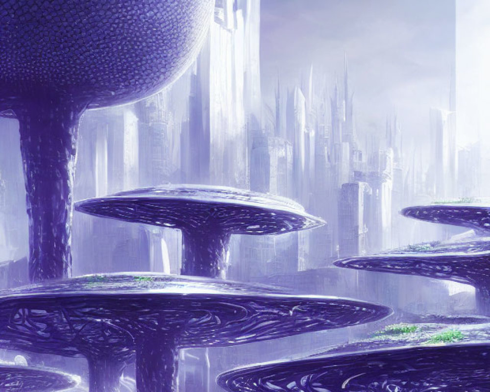 Futuristic cityscape with towering structures and mushroom-like buildings in blue hues