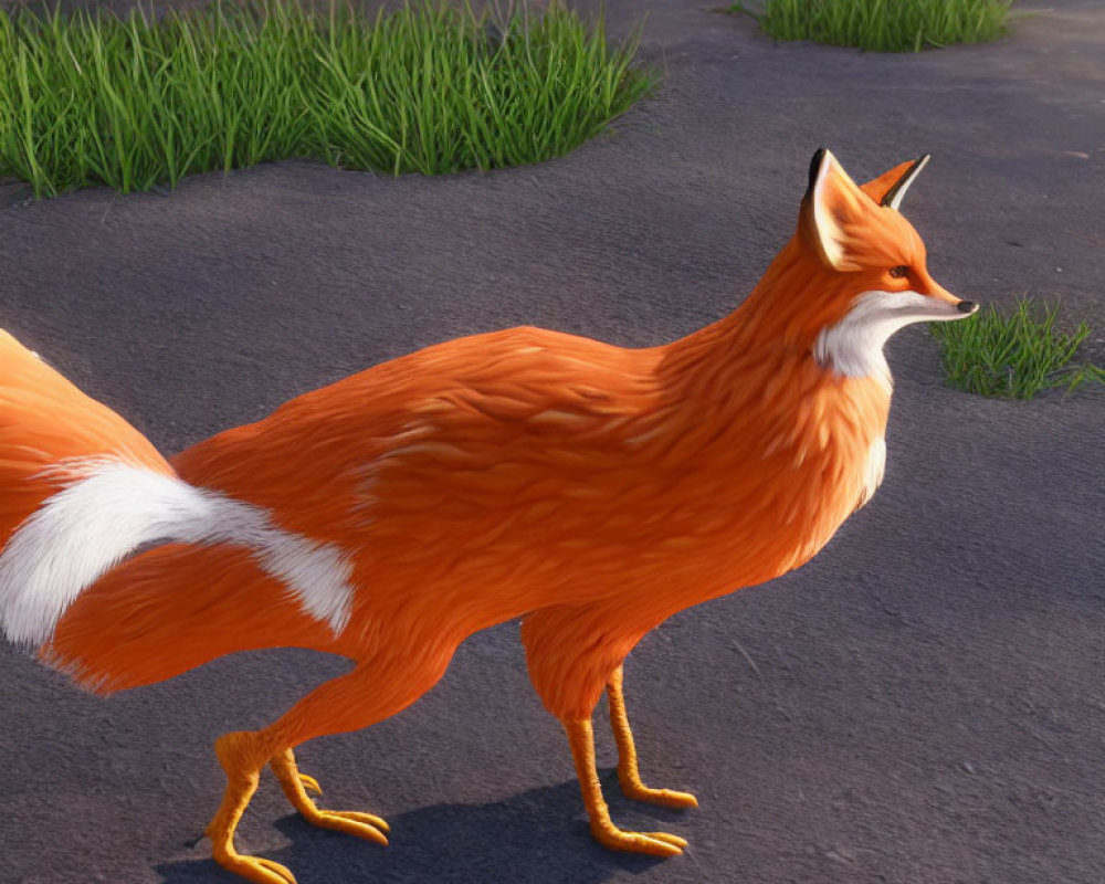 Orange Fox with White-Tipped Tail Crossing Paved Road