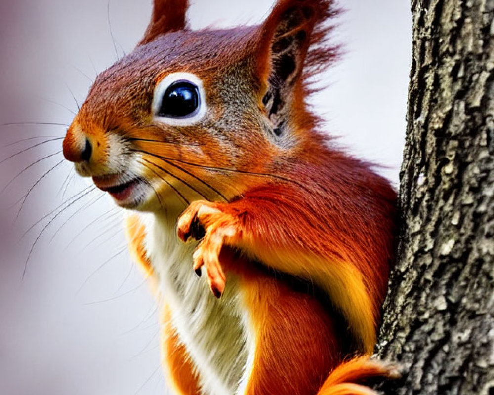Fluffy-eared red squirrel on tree, alert gaze