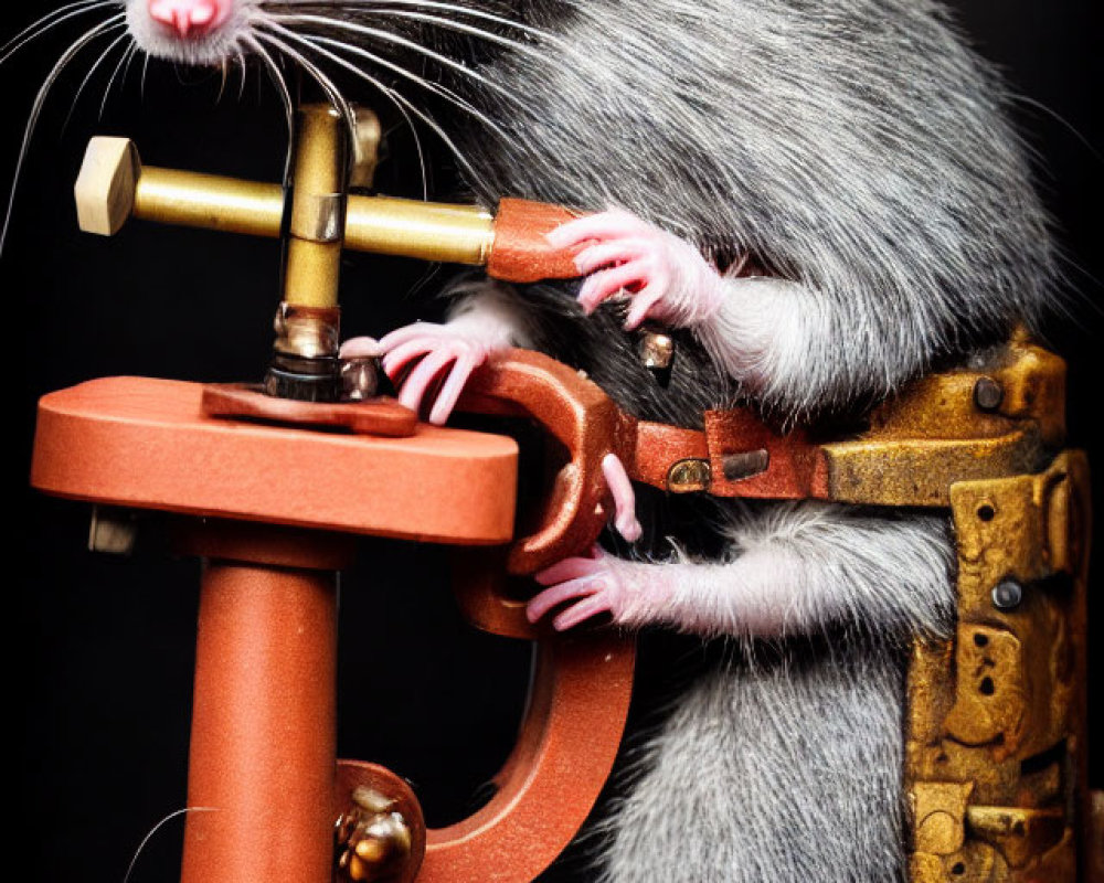 Digital artwork of rat turning valve on copper device with wrench and goggles