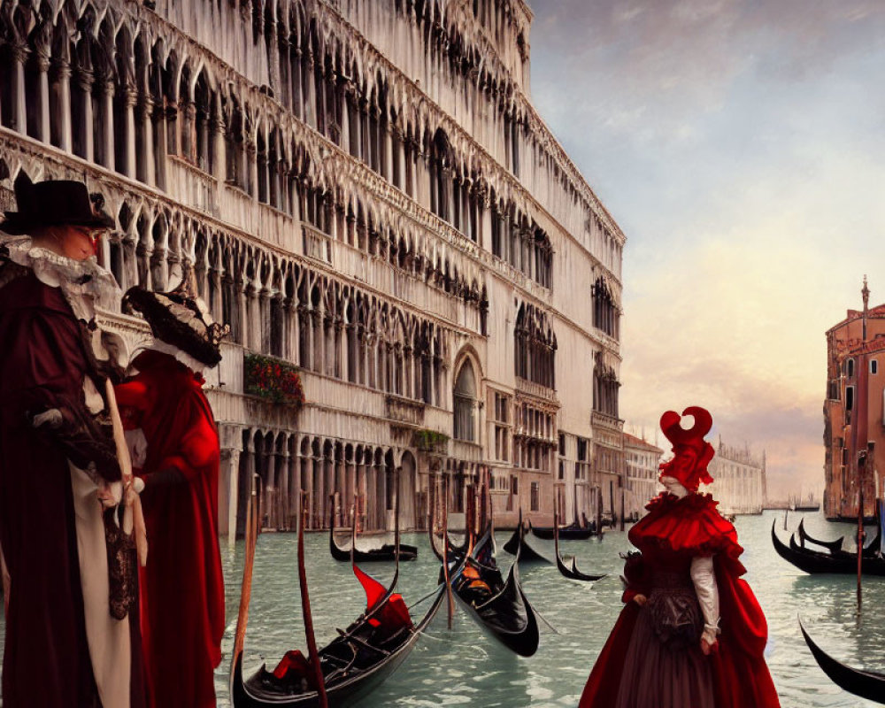 Ornate Venetian Costumes Overlooking Canal and Sunset Sky