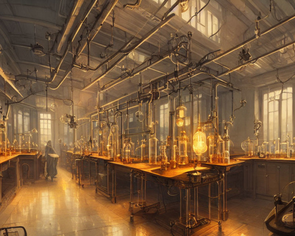 Vintage laboratory with glass distillation apparatus and solitary figure.